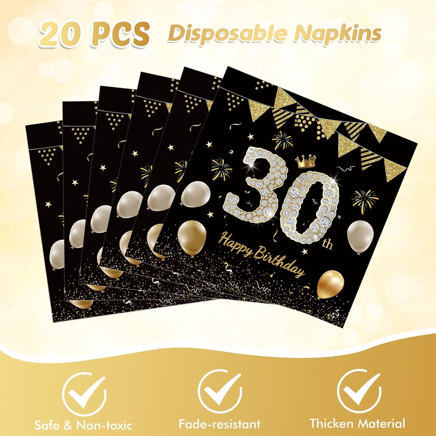 41Pcs 30th Birthday Decorations for Men Women, Black Gold 30 Year Old Birthday Party Supplies Include 20 Plates 20 Napkins and 1 Tablecloth, Black Gold 30 Aged Birth Party Tableware