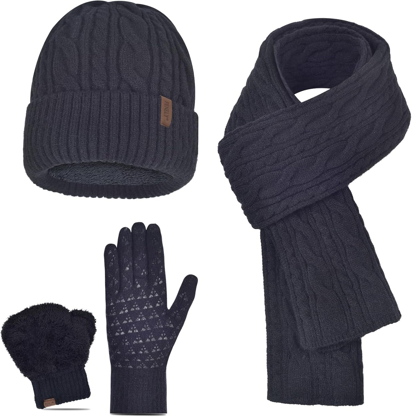 Men Winter Beanie Hat Touchscreen Gloves Scarf Set Warm Fleece Lined