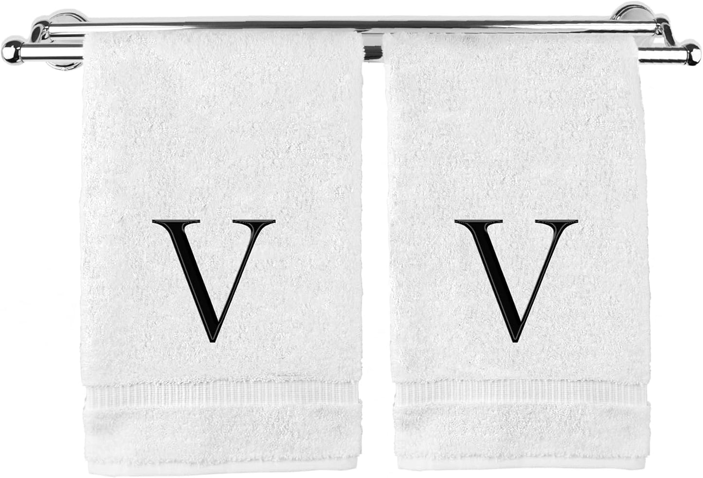 Monogrammed Hand Towel, Personalized Gift, Set of 2- Black Block Letter Embroidered Towel - Extra Absorbent 100% Turkish Cotton - Soft Terry Finish - Initial V White