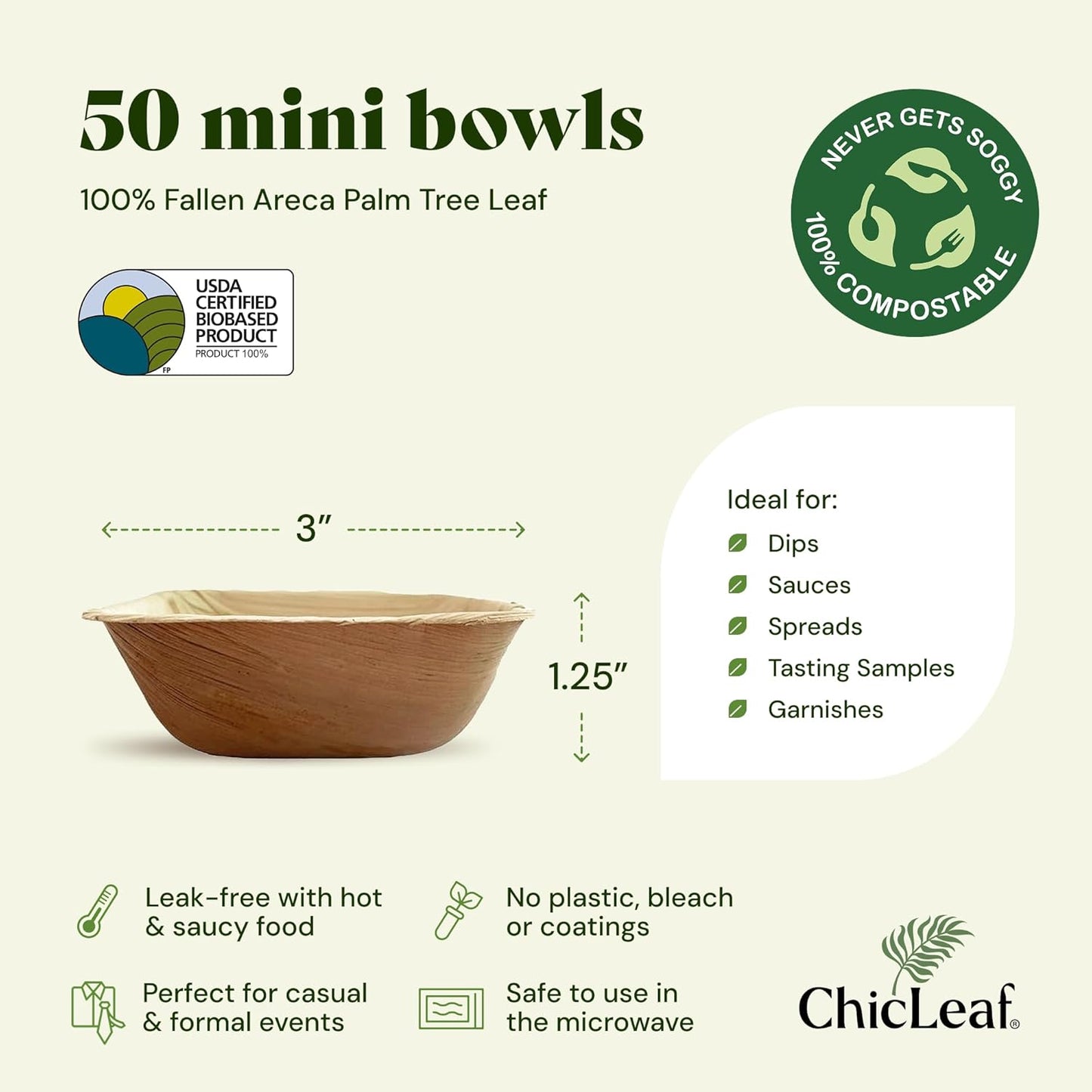 Chic Leaf Palm Leaf Disposable Bamboo Bowls - 3" Square, Pack of 50, Natural - Biodegradable & Compostable Mini Palm Plates - Dipping Cups & Charcuterie Disposable Bowls