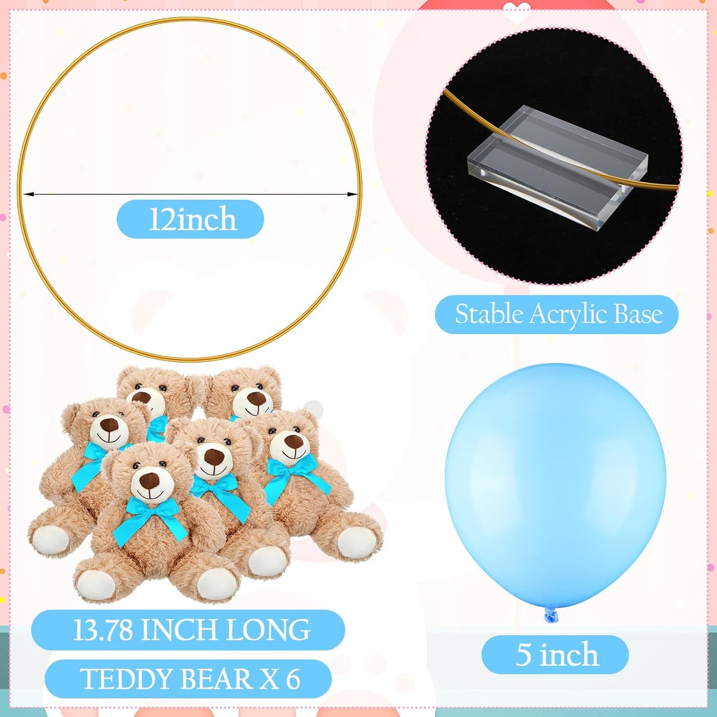 6 Sets Bear Baby Shower Table Centerpieces Bear Stuffed Animals 12 Inch Metal Floral Hoop with Stand Balloon for Wedding Baby Shower Birthday Flowers Table Decorations(Blue)