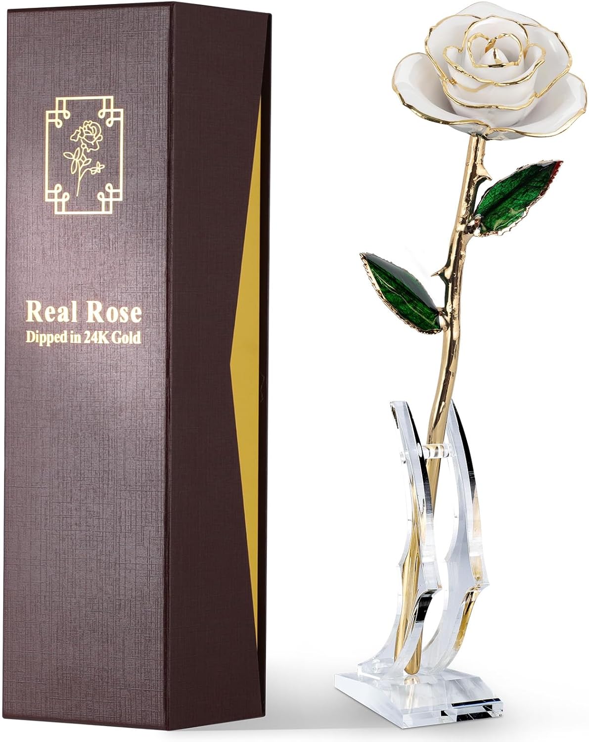 24K Gold Dipped Real Rose – Handcrafted, One of a Kind Gift – Timeless Romantic Present for Birthday, Valentine’s, Mother’s Day, Anniversary (Ivory White)