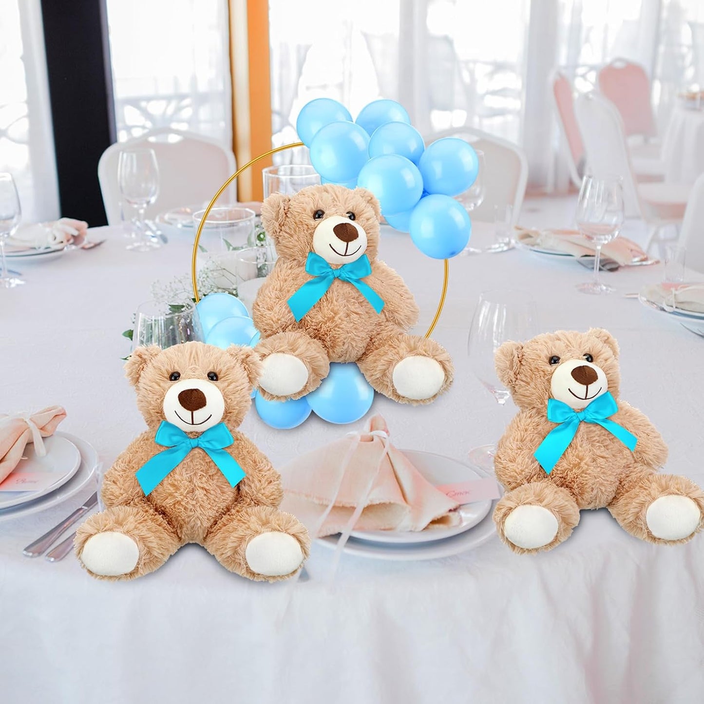 6 Sets Bear Baby Shower Table Centerpieces Bear Stuffed Animals 12 Inch Metal Floral Hoop with Stand Balloon for Wedding Baby Shower Birthday Flowers Table Decorations(Blue)