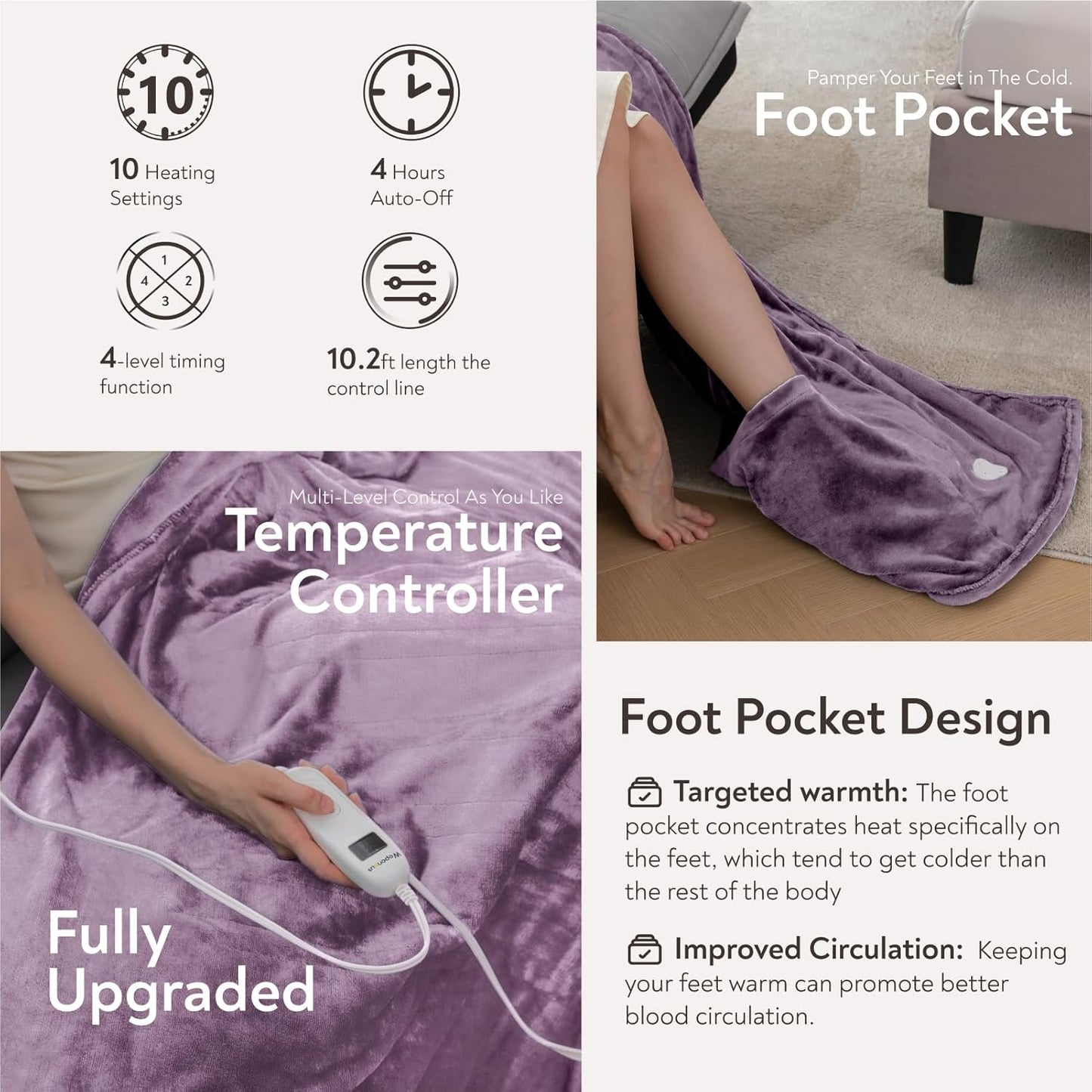 Wapaneus Foot Pocket Heated Blanket Electric Throw with 10 Heating Levels and 4 Timer Settings 4 Hours Auto Shut Off, Flannel Fast-Heating Heated Throw 50" x 60", Machine Washable, Purple