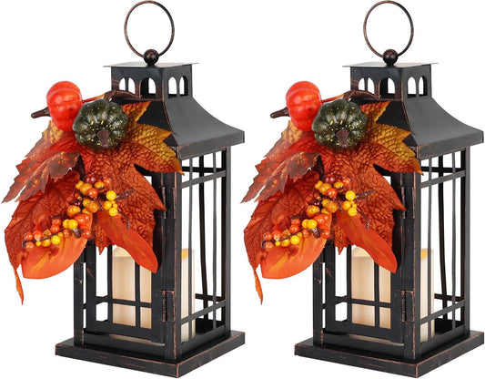 DECORKEY Set of 2 Fall LED Candle Lantern Decorative Indoor & Outdoor, 11" Fall Hanging Lanterns with LED Candles, Metal Outdoor Lanterns for Patio Front Porch Table Fall Christmas Spring