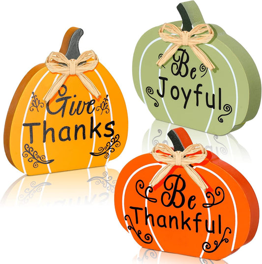 Gerrii 3 Pcs Fall Wooden Pumpkin Sign Fall Thankful Joyful Thanks Pumpkin Tiered Tray Decor Table Signs Harvest Thanksgiving Wood Block Sign for Home Party Halloween Decorations(Orange, Green, Yellow)