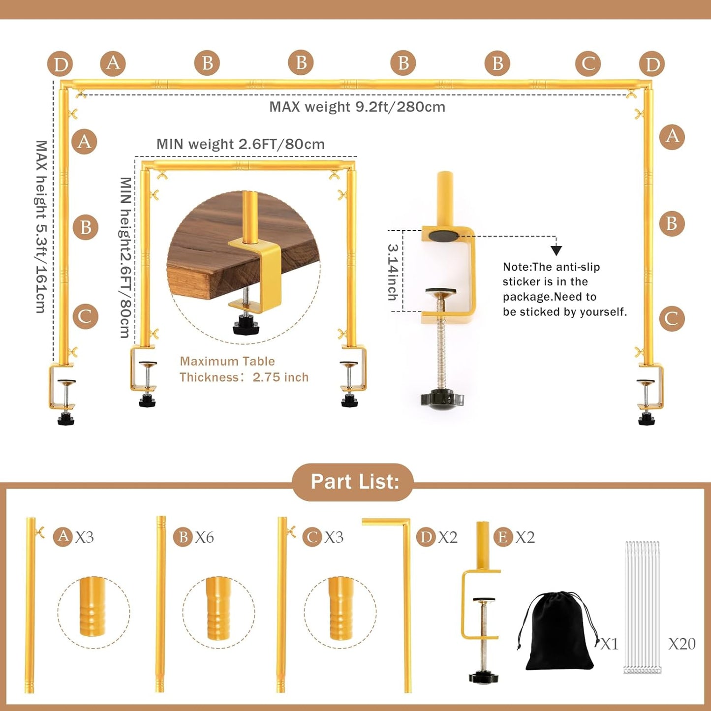 Over The Table Rod Stand with Clamps Adjustable 31-110 in Length 31-64 in Height Gold Table Balloon Arch Hanging Stand with Storage Bag for Halloween Christmas Wedding Birthday Party Decoration
