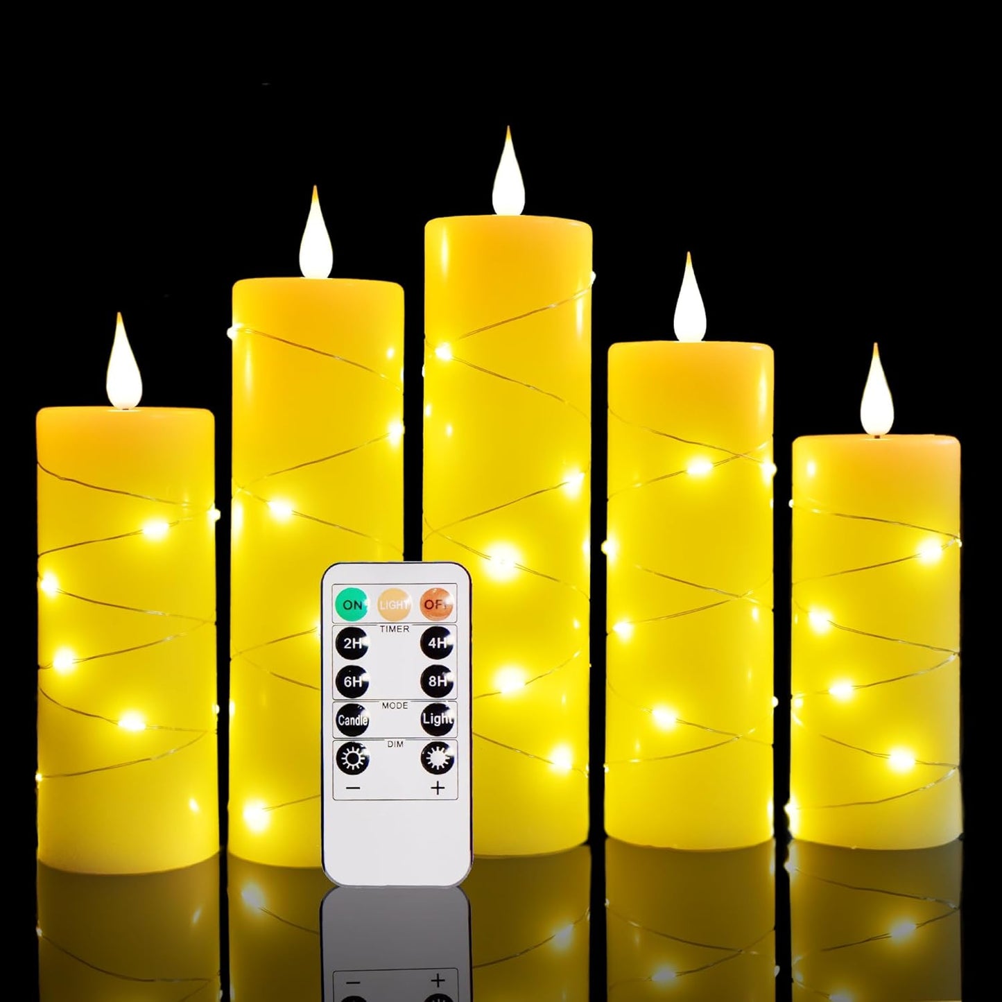 Niceme 5PCS Flickering Flameless Candles with Embedded String Lights, Battery Operated Electric Pillar Candle 3D Teardrop Black Wick Ivory Real Wax Fake Candle with 11-Key Remote Timer Fairy Starlight