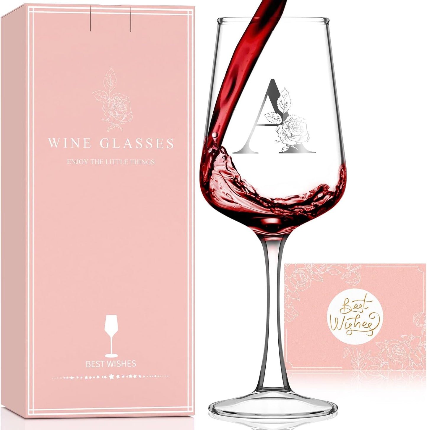 Monogrammed Wine Glass Gifts for Women - Personalized A-Z Wine Glasses with Gift Box & Greeting Card | Custom Mothers day, Anniversary, Birthday Gifts for Her, Mom, Wife, Best Friend, Sister,Woman (A)