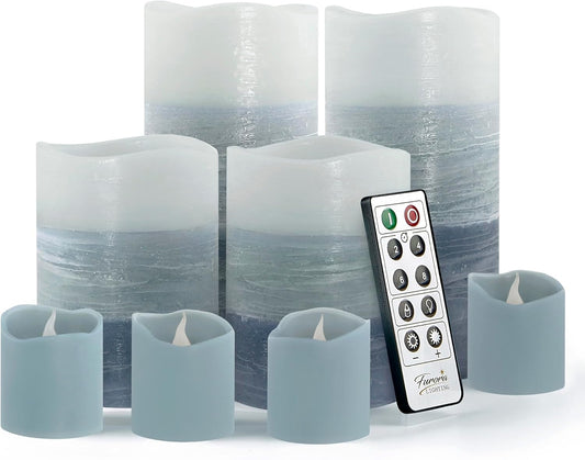 FURORA LIGHTING Blue Ombre Real Wax Flameless Candles with Remote and Timer, 4 Pillars and 4 Votives Pack of 8, LED Flickering Candles for Home Décor, Battery Operated