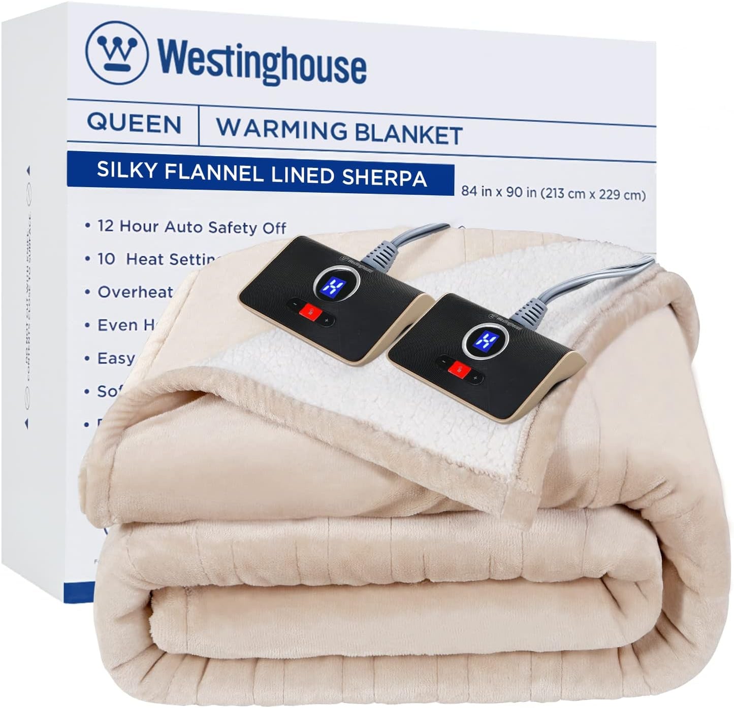 Westinghouse Electric Heated Blanket - Queen Size, Soft Flannel to Sherpa, 10 Heating Levels, 12 Hour Auto Off, Machine Washable, 84x90 Inch, Beige