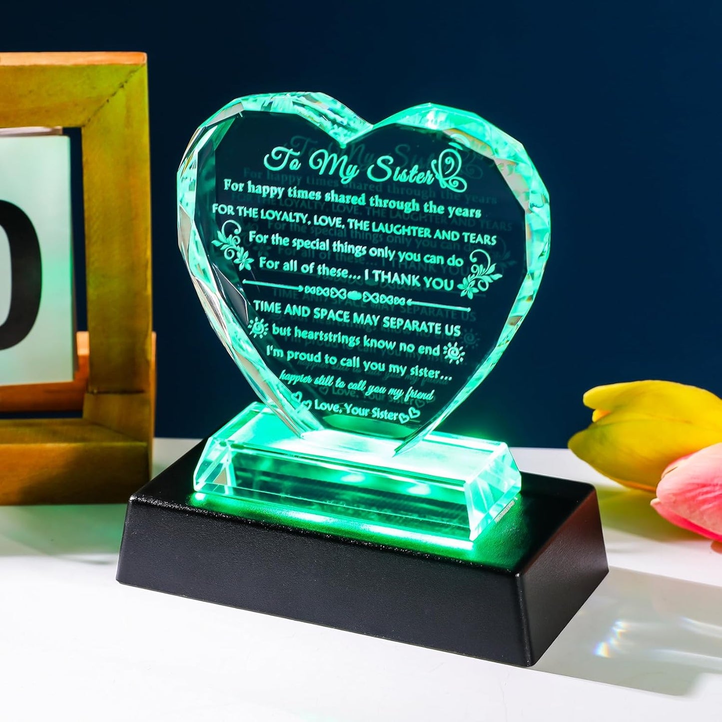 YWHL Sister Gifts from Sisters Brother Birthday Gifts for Sisters Crystal Heart Keepsake with Colorful Base Sister Gift for Women on Christmas Mothers Day Valentines Wedding
