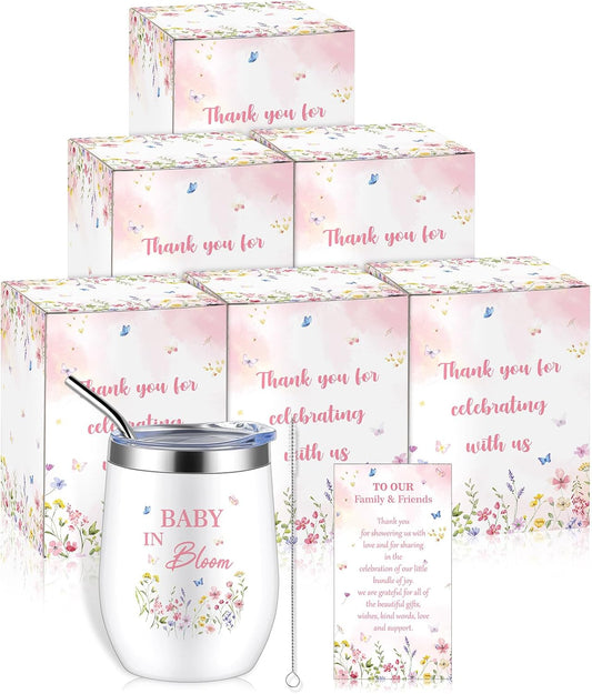 Hoolerry 6 Set Baby Shower Game Prizes for Guests Winners 12 oz Insulated Stainless Steel Tumbler Cup with Lids, Straws, Cleaning Brush, Cards & Boxes Return Gifts(Pink,Wildflowers)