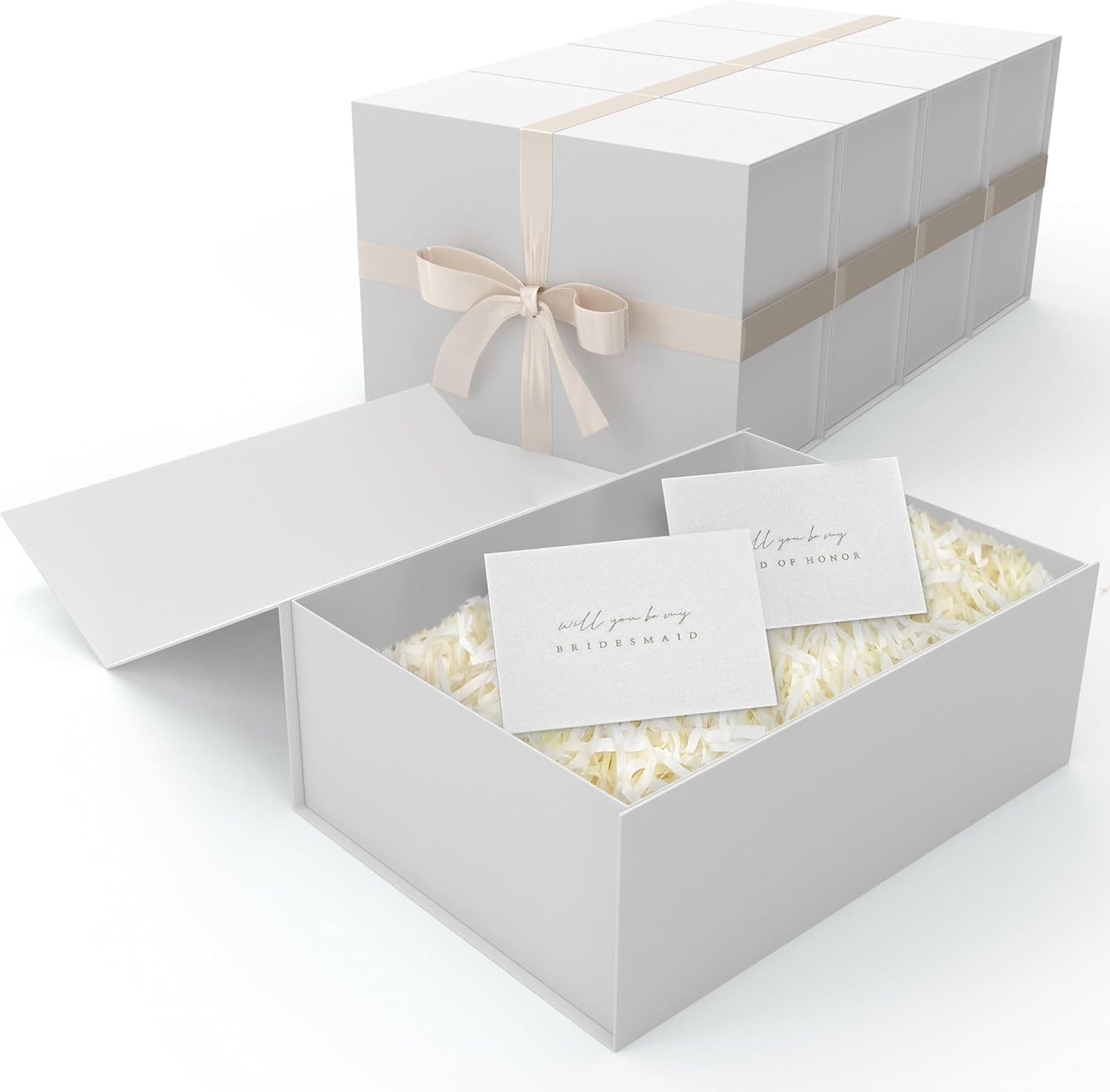 Gift Box Set - Bridesmaids Gifts for Wedding (5 Pack), All Occasions, Bridesmaid Proposal, Magnetic Boxes With Lids, Big Set For Bridal, 13.5 x 9 x 4.5 inches, Large White GiftBox