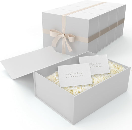 Gift Box Set - Bridesmaids Gifts for Wedding (5 Pack), All Occasions, Bridesmaid Proposal, Magnetic Boxes With Lids, Big Set For Bridal, 13.5 x 9 x 4.5 inches, Large White GiftBox