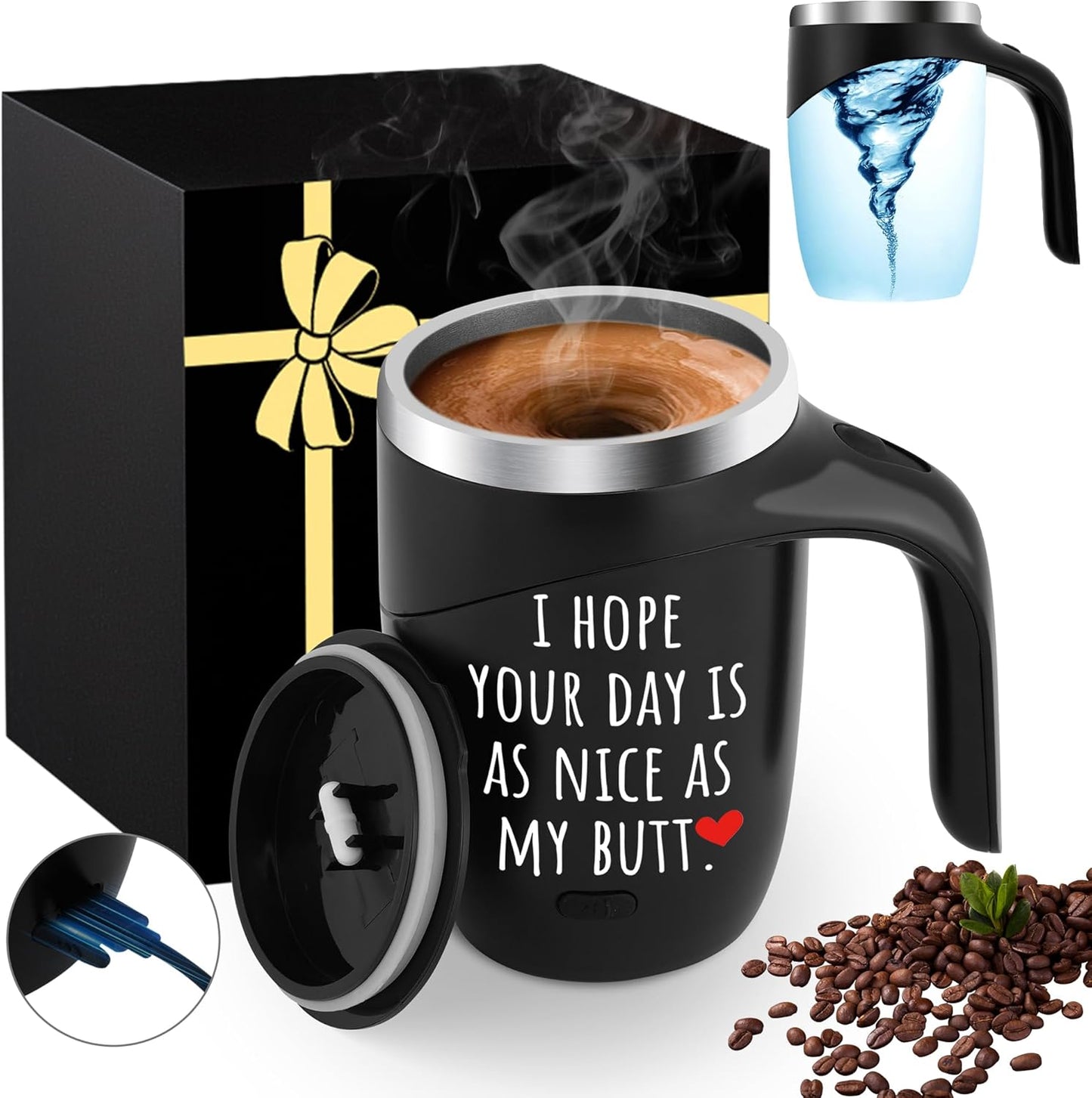 Magnetic Stirring Coffee Mug Stainless Insulated Cup White Elephant Adults 30 Weird Novelty Useful Unique Men Prank Dirty Christmas Gag Fun Secret Santa Unisex Holiday Best Cool Nice Exchange Gifts
