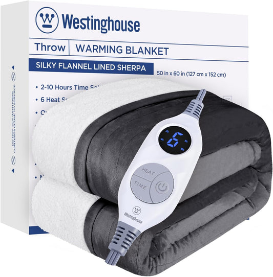 Westinghouse Heated Throw Blanket, Soft Flannel to Sherpa Electric Throw with 6 Heating Levels, 2-10 Hours Time Settings, Fast Heating, Machine Washable 50x60 Inch, Charcoal