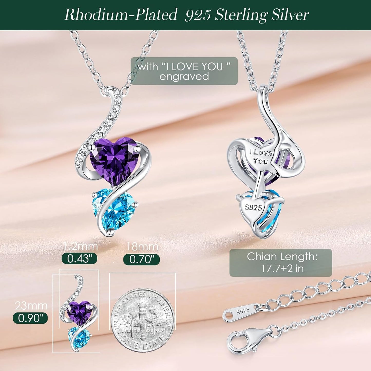 LOUISA SECRET Unique Double Heart Necklace Gifts for Wife Women, 925 Sterling Silver Tiny Birthstone Pendant Jewelry Gift for Her Girlfriend Mom Valentine's Day Anniversary Mother's Day Birthdays & Christmas