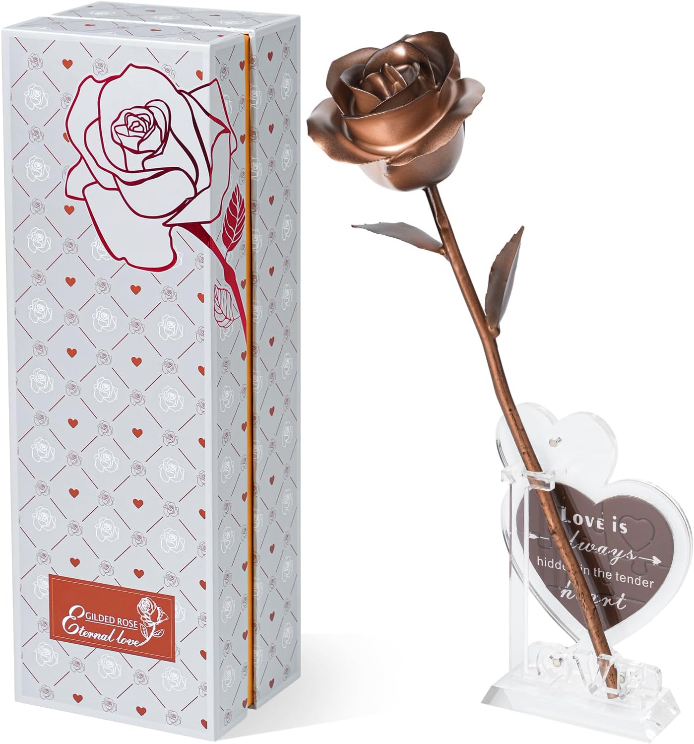 Mikasol Romantic Bronze Rose in Heart Pattern Box โ 8th & 19th for Wife, Mom or Girlfriend โ Eternal Metal Flower with Message Puzzle Keepsake