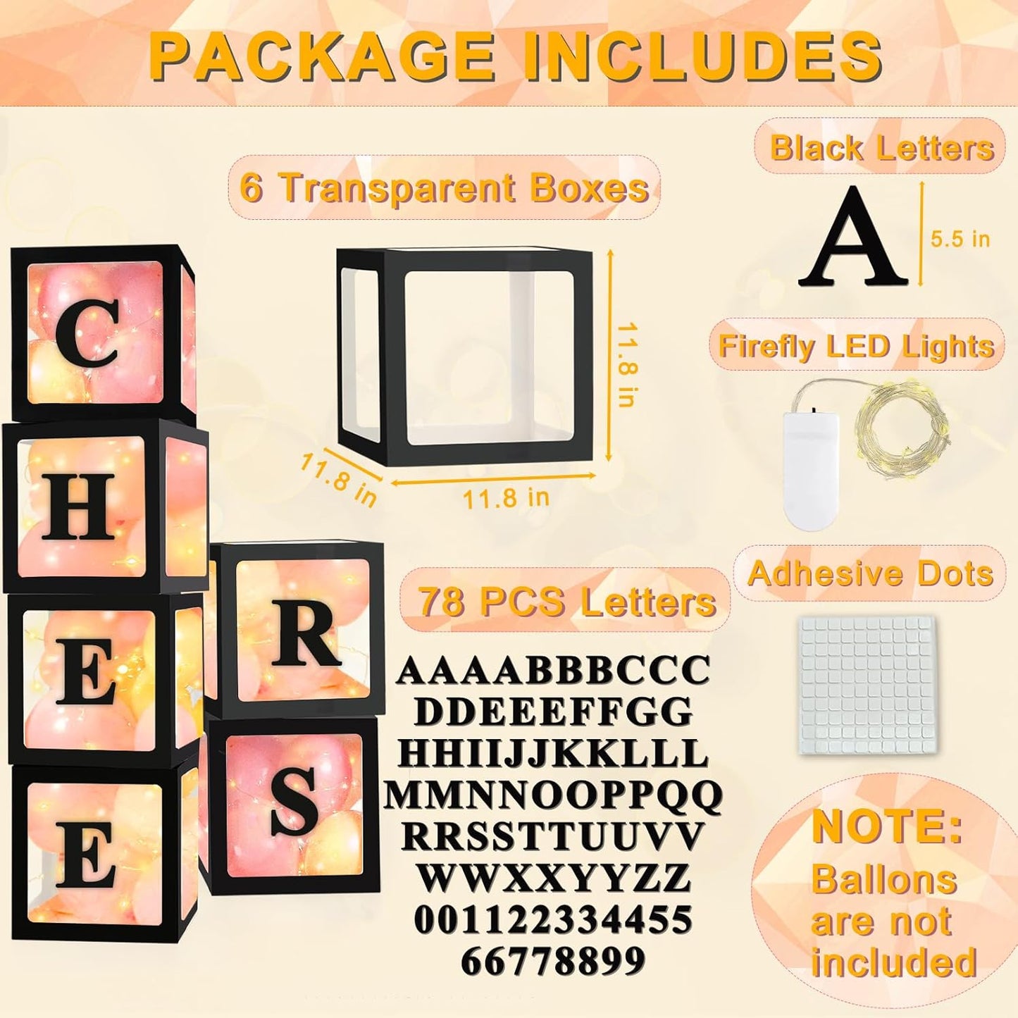 Ledido Transparent Balloon Boxes, Clear Balloon Boxes with 6 Pcs String Lights and 78 Letters for Baby Shower Gender Reveal Grad Birthday Party Anniversary Bridal Wedding Decor - 6 Black Boxes