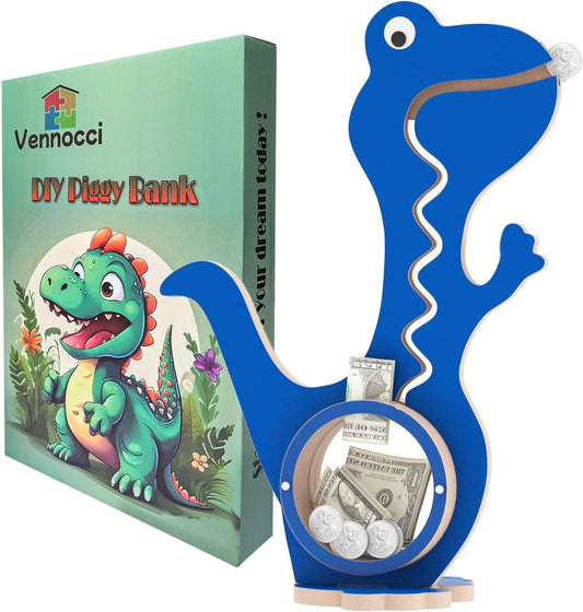 Dinosaur Piggy Bank for Kids Boys Girls, Blue Wooden Coin Bank with Large Clear Acrylic Belly, Cute Money Savings Box Toy Gift for Toddlers Birthday Christmas by Vennocci