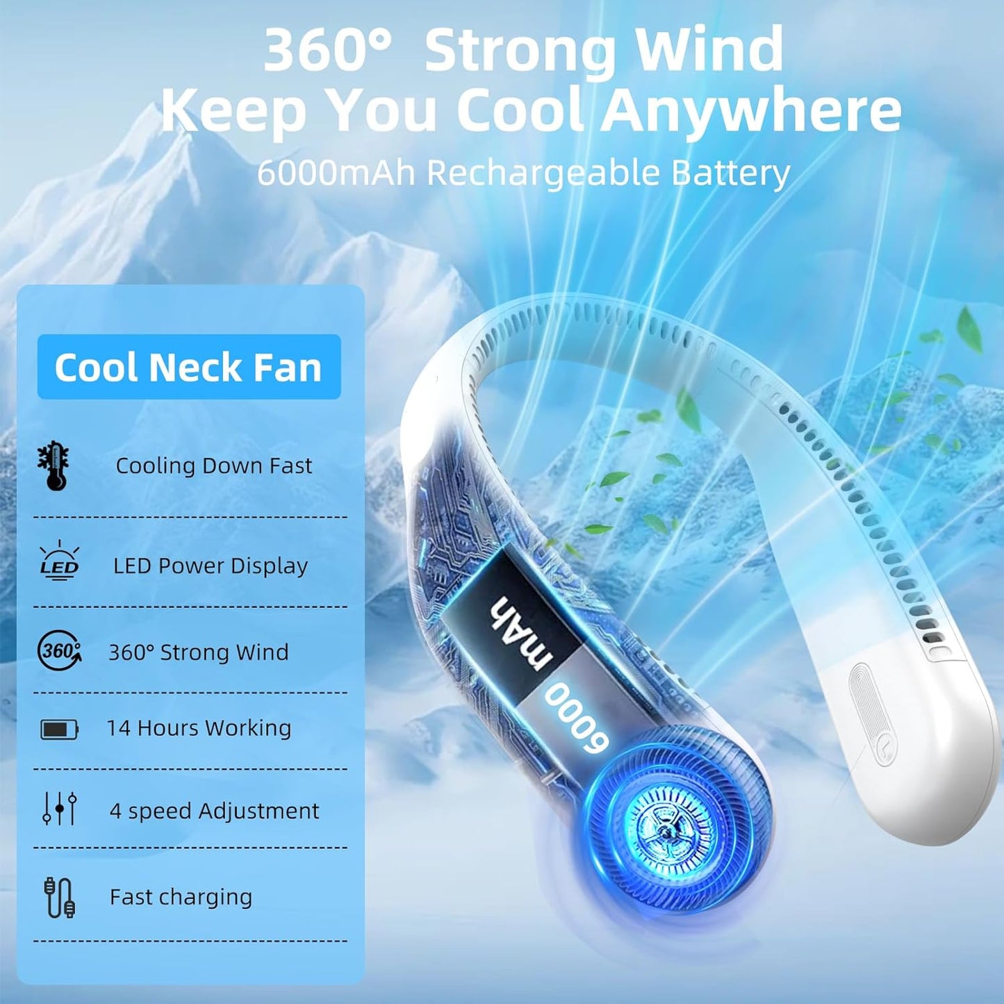Portable Neck Fan,Gift Ideas,Personal Wearable Bladeless Fan,360° Cooling,LED Display,4-Speeds,6000mAh Rechargeable,Powerful Wind,Outdoor Travel Camping,Birthday Gifts for Men Women Dad Mom (White)