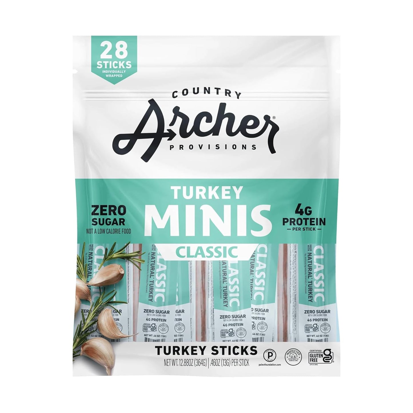 Country Archer Mini Turkey Jerky Sticks - All Natural Turkey Sticks, Protein Snack, Turkey Jerky Sticks for People, Turkey Snack, Meat Sticks, Gluten Free, Keto, Rosemary Flavor - 0.5 oz (Pack of 28)