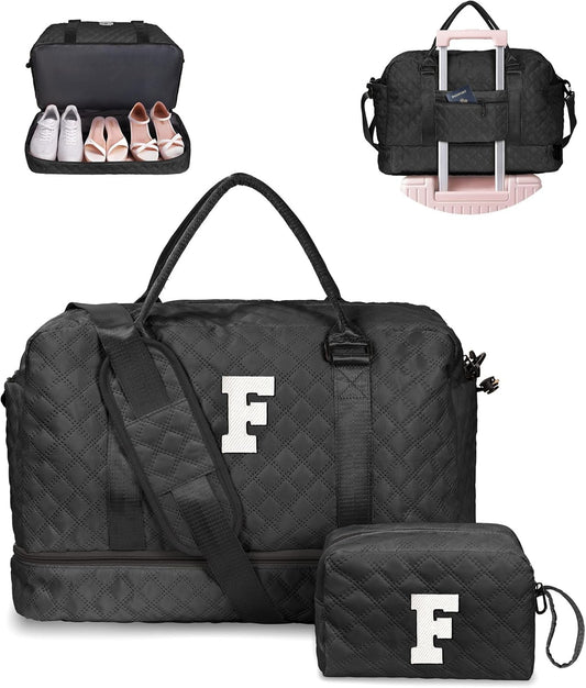 Gifts for Teen Girls-Initial Duffle Bag with Shoe Compartment, Personalized Weekender Bag, Monogram Overnight Bag, Letter Travel Bag with Makeup Bag,Personalized Gifts (Letter F)