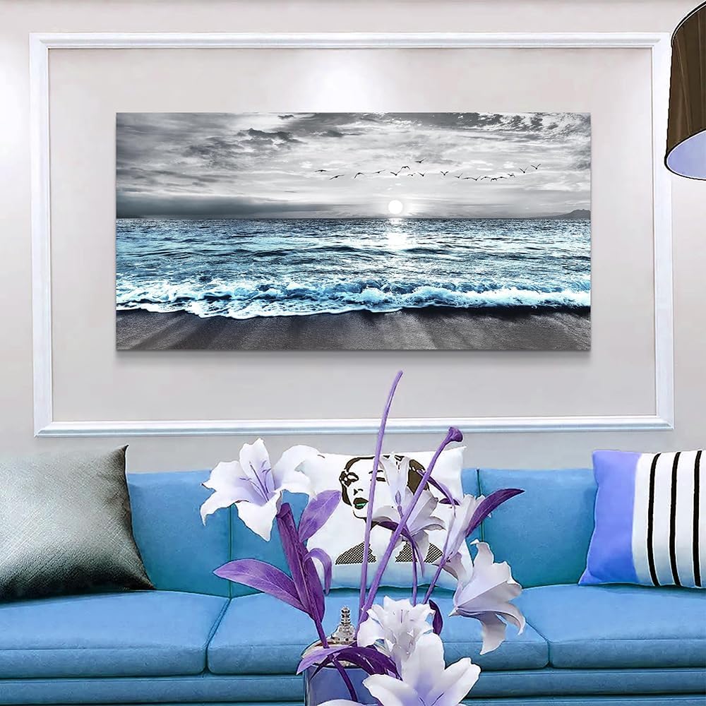 Wapluam Large Canvas Wall Art For Living Room Wall Decor For Bedroom Office Wall Decorations Black And White Painting Blue Sea Wave Pictures Artwork For Modern Stretched and Framed Beach Posters