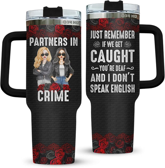 34HD Partners in Crime Tumbler with Handle and Straw, 40oz Stainless Steel Bestie Drinking Cup, BFF Coffee Mug, Best Friends Gifts for Birthday Christmas, Funny Friends Gift Ideas for Women
