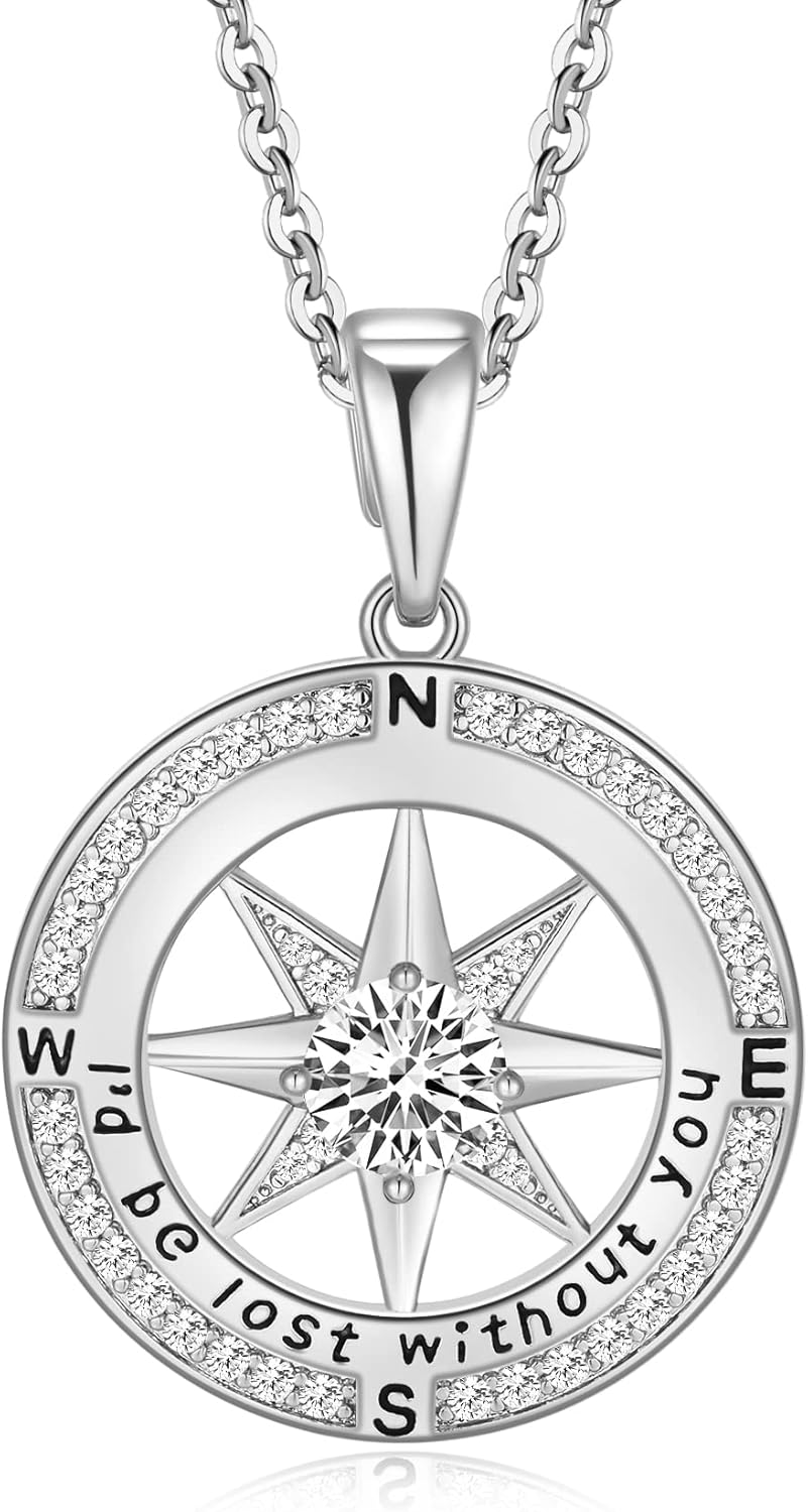 Mkhhy Compass Necklace for Women Jewelry For Her White Gold and Yellow Gold I'd Be Lost Without You(18k Real Gold Filled With S925)
