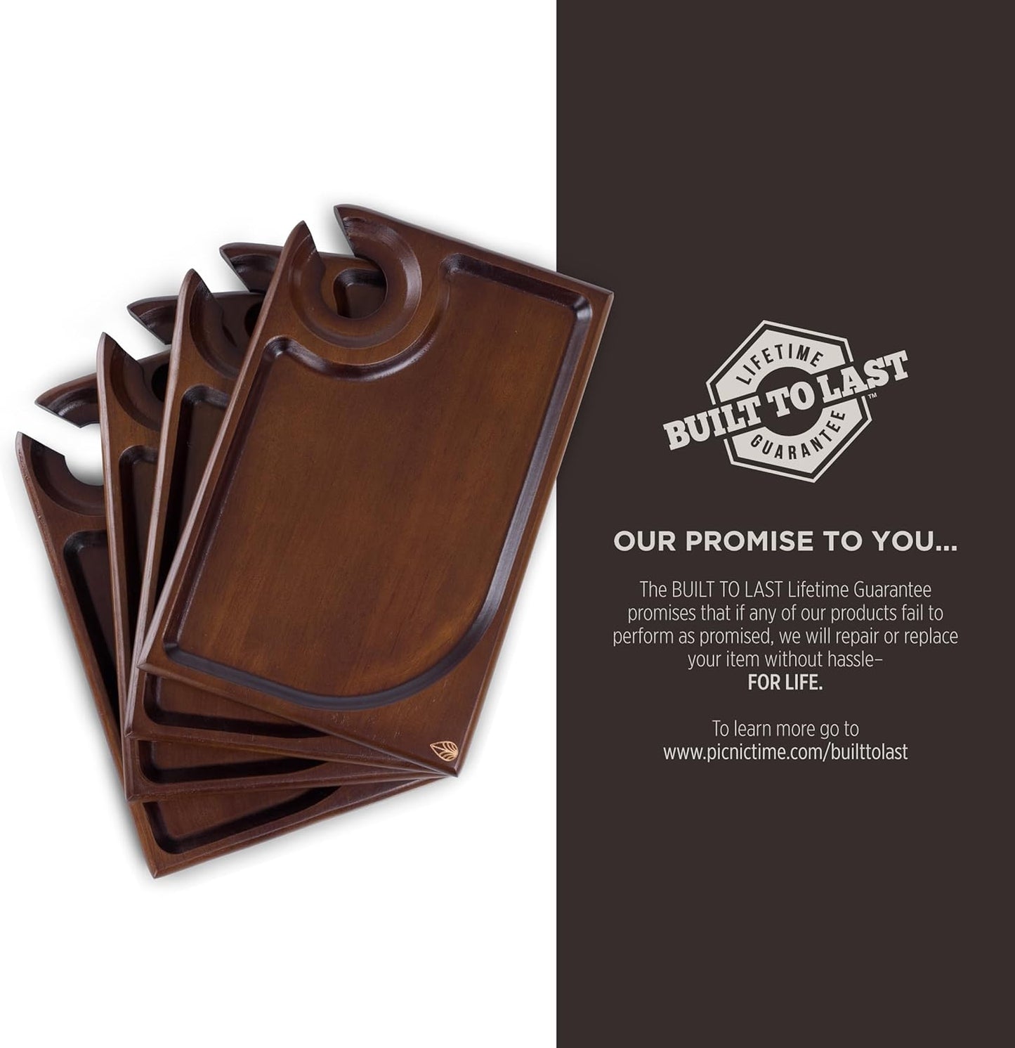 PICNIC TIME Rectangle Wine Appetizer Plates Set of 4, Cocktail Plate with Glass Holder, Cheese Board with Wine Holder, (Stained Parawood)