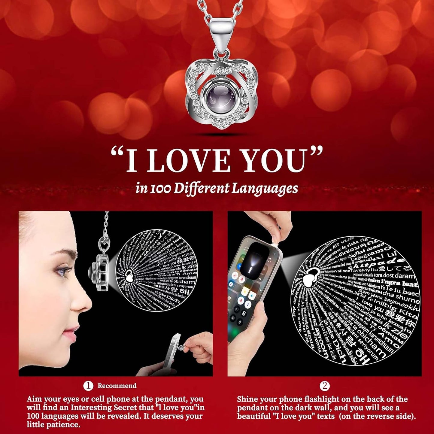 2 Preserved Real Rose with Heart I Love You Necklace- Eternal Rose Birthday Gifts for Women Wife Girlfriend Her Mom Grandma on Festivals Gifts Christmas Valentines Mothers Day Anniversary-Red White