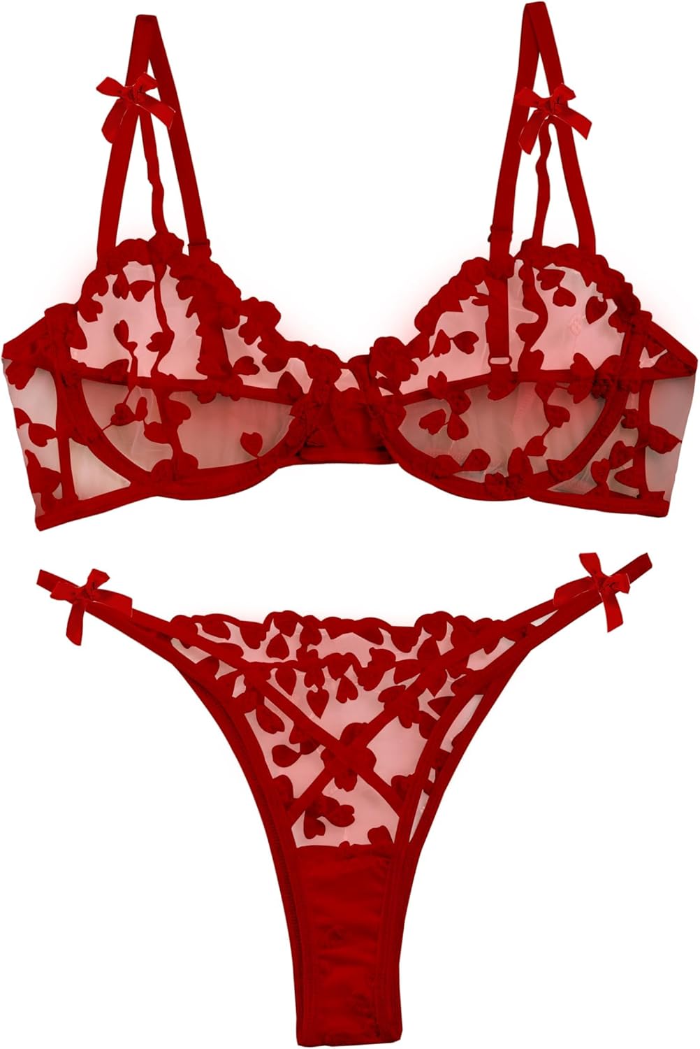 Lilosy Sexy Underwire Cute Push Up Strappy Embroidered Mesh Sheer Lingerie Set See Through Panty Bra