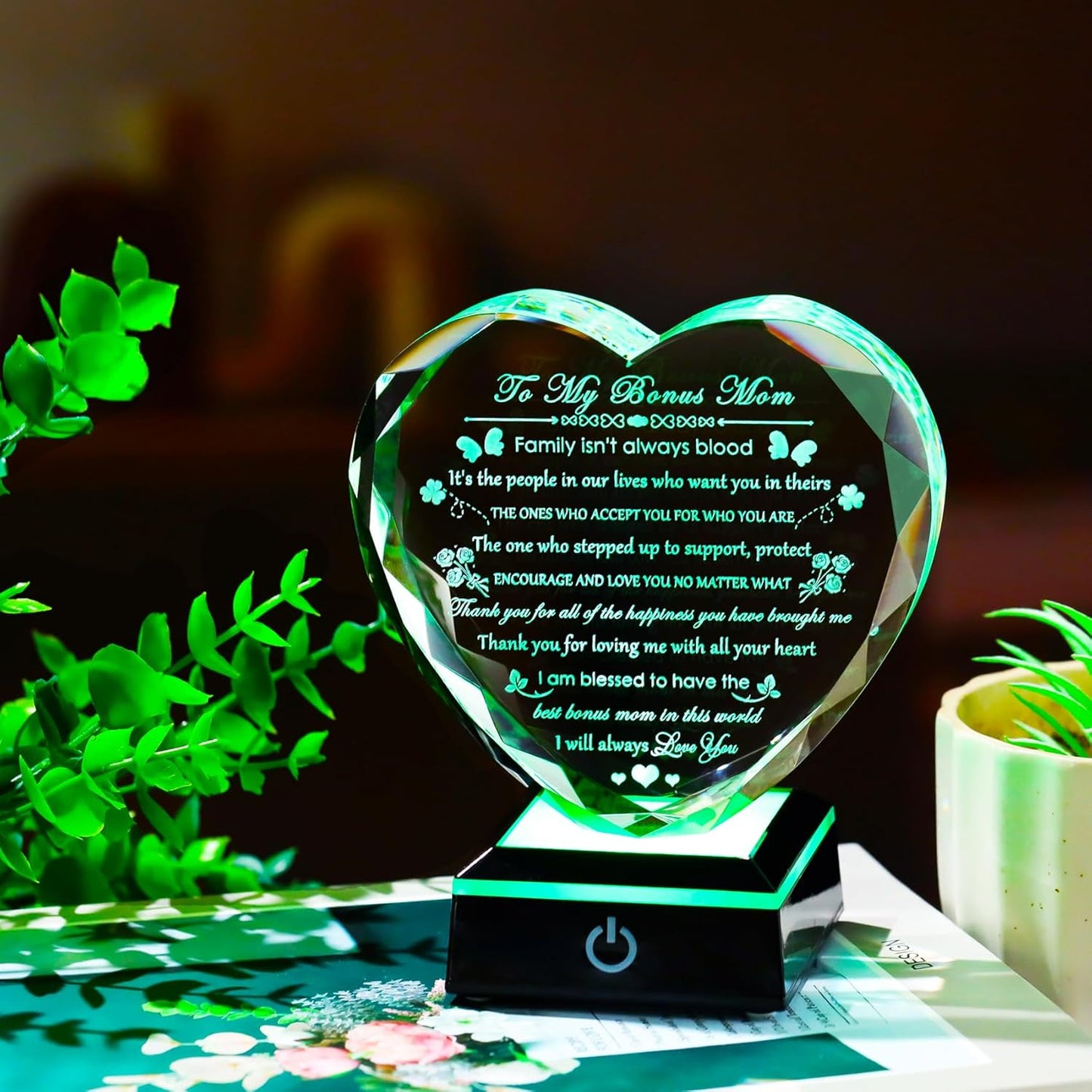 Bonus Mom Gifts with Colorful LED Base Crystal Heart Mothers Day Birthday Gifts for Stepmother Bonus Mom from Bonus Daughter Son Gift for Stepmom Mother in Law on Christmas Valentines