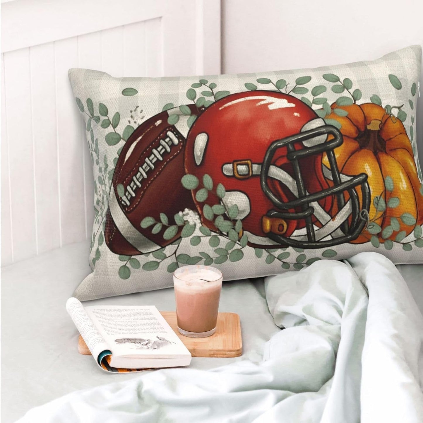 Fall Pillow Covers 12x20 Inch Pack of Plaid Orange Pumpkin Football Leaf Throw Pillow Covers Outdoor Decor Halloween Decoration Farmhouse Linen Decorative Lumbar Cushion Cover for Couch Sofa