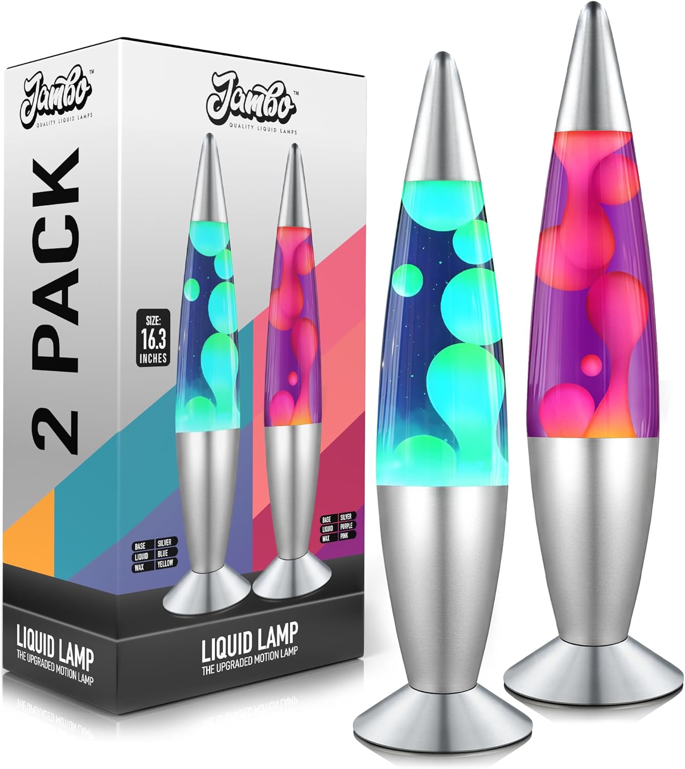 JAMBO 2 Pack- 16" Beautiful Lamp- Blue with Yellow/Green Wax and Purple with Pink Wax, Relaxing Liquid Lamp, Night Light Nightlight, Lamps for Adults Teens Kid