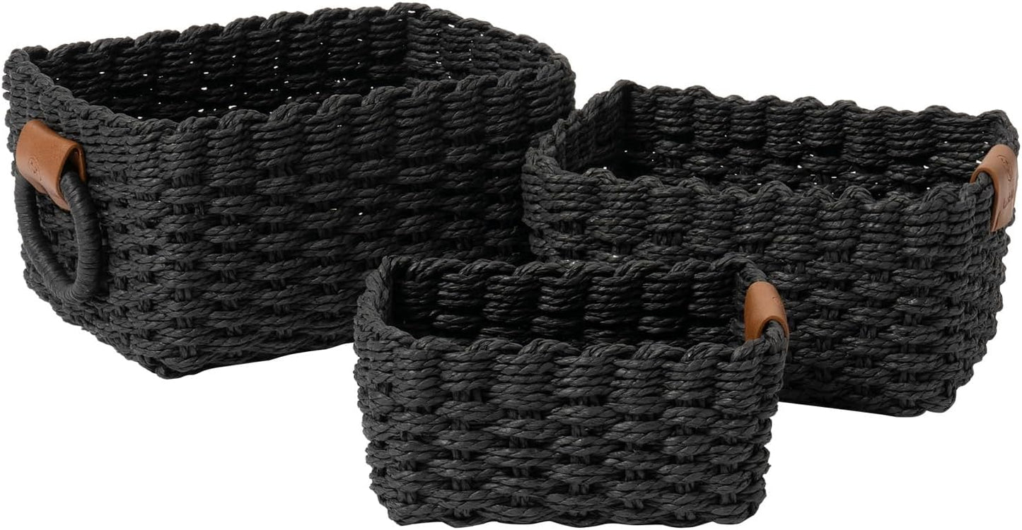 La Jolie Maison Small Black Wicker Baskets Set of 3, Paper Rope Storage Baskets with Handle, Small Woven Baskets for Organizing, Decorative Cute Baskets for Gifts