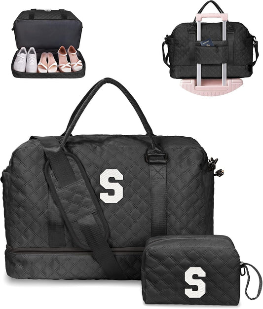Gifts for Granddaughter-Initial Duffle Bag with Shoe Compartment, Personalized Weekender Bag, Monogram Overnight Bag, Letter Travel Bag with Makeup Bag,Daughter Friend Gifts (Letter S)