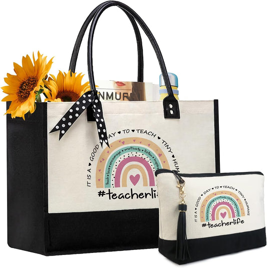 BeeGreen Teacher Must Haves, Teacher Gifts for Women, Top Leather Handle Handbags Teacher Tote Bag, Teacher Christmas Gifts, Teacher Appreciation Gifts for Women with Button & Pouch