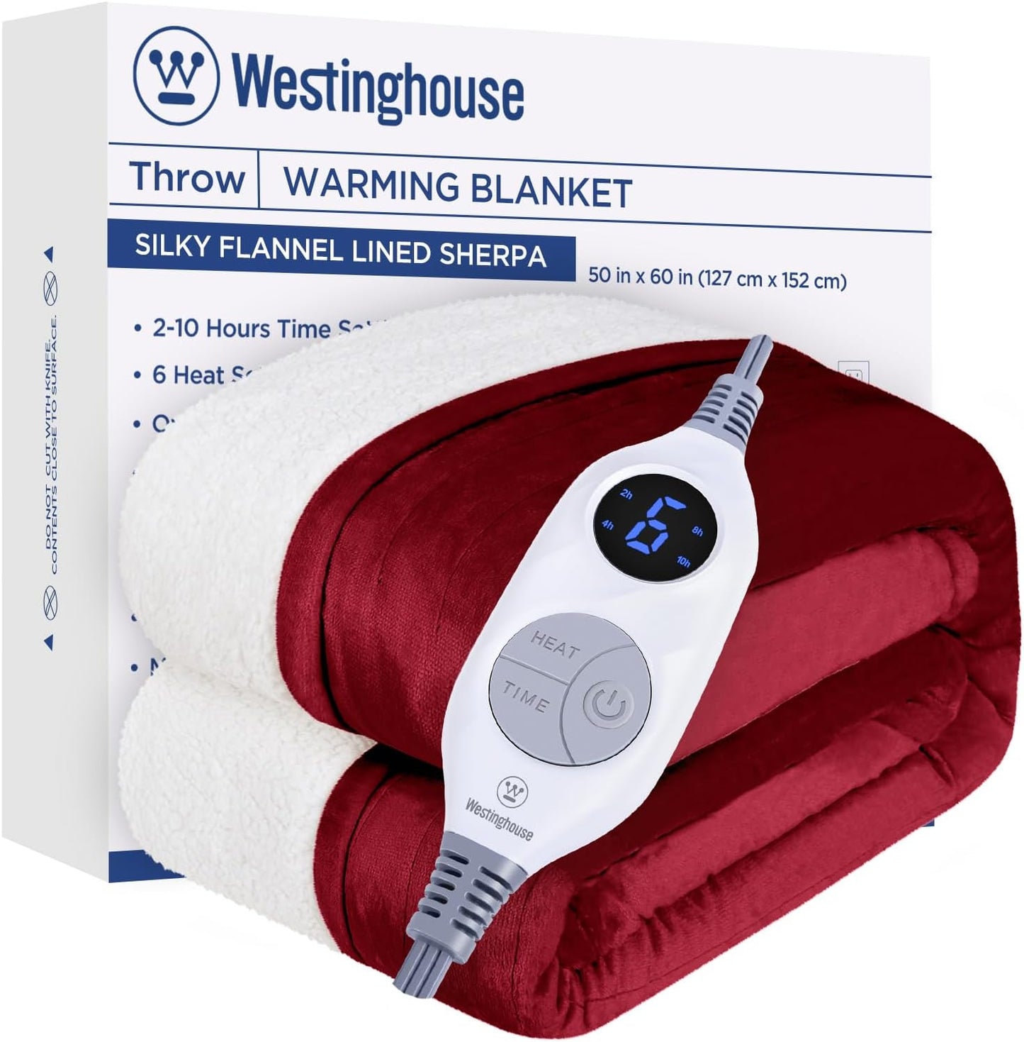 Westinghouse Heated Throw Blanket, Soft Flannel to Sherpa Electric Throw with 6 Heating Levels, 2-10 Hours Time Settings, Fast Heating, Machine Washable 50x60 Inch, Red