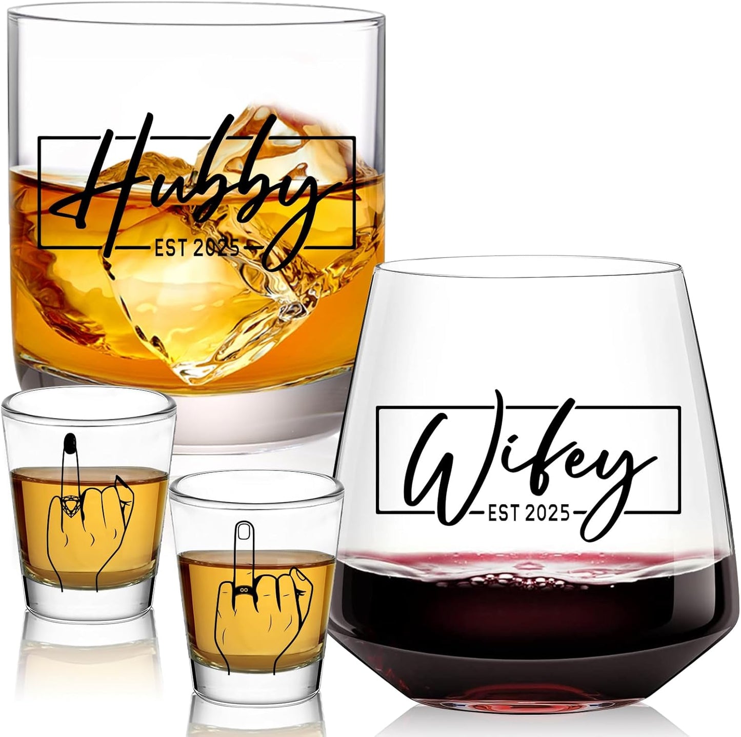 Wedding Gifts 2025 -Hubby & Wifey Wine&Whiskey Glass Set,Mr and Mrs Gifts - Anniversary Wedding Gift for Couple,Unique Bridal Shower Gift,Bride and Groom Shot GlassesăWill Not Missing Shot Glassă