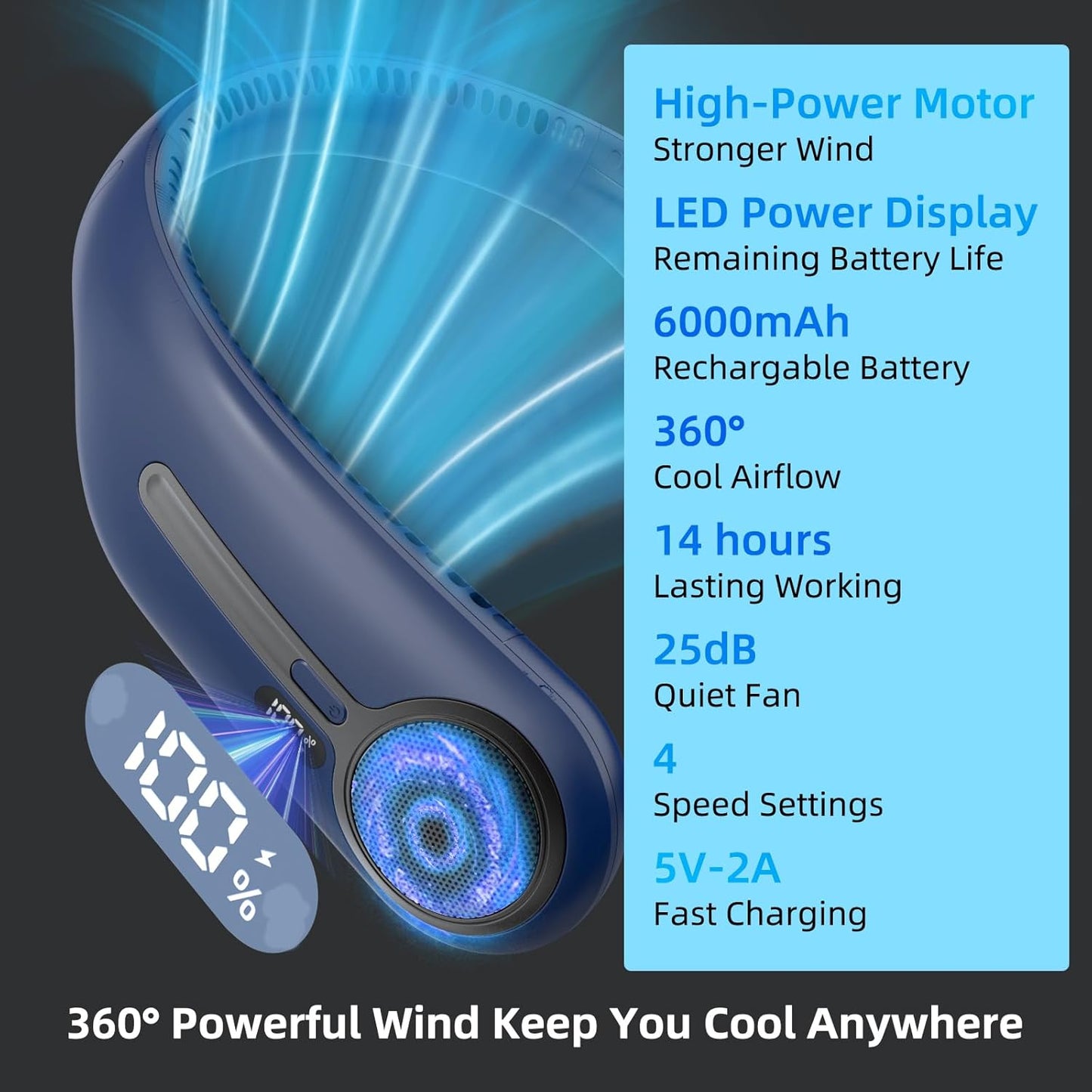 Portable Neck Fan,Gift Ideas,Personal Wearable Bladeless Fan,360° Cooling,LED Display,4-Speeds,6000mAh Rechargeable,Powerful Wind,Outdoor Travel Camping,Birthday Gifts for Men Women Dad Mom (Blue)