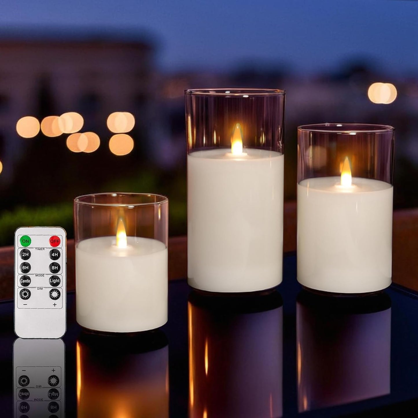 NICEME Clear Glass Flameless Candles Battery Operated with Remote Timer, Real Wax LED Pillar Candles with Flickering Flame Pure White Radiance Evanescing Fake Candles for Wedding Home Decor, Set of 3