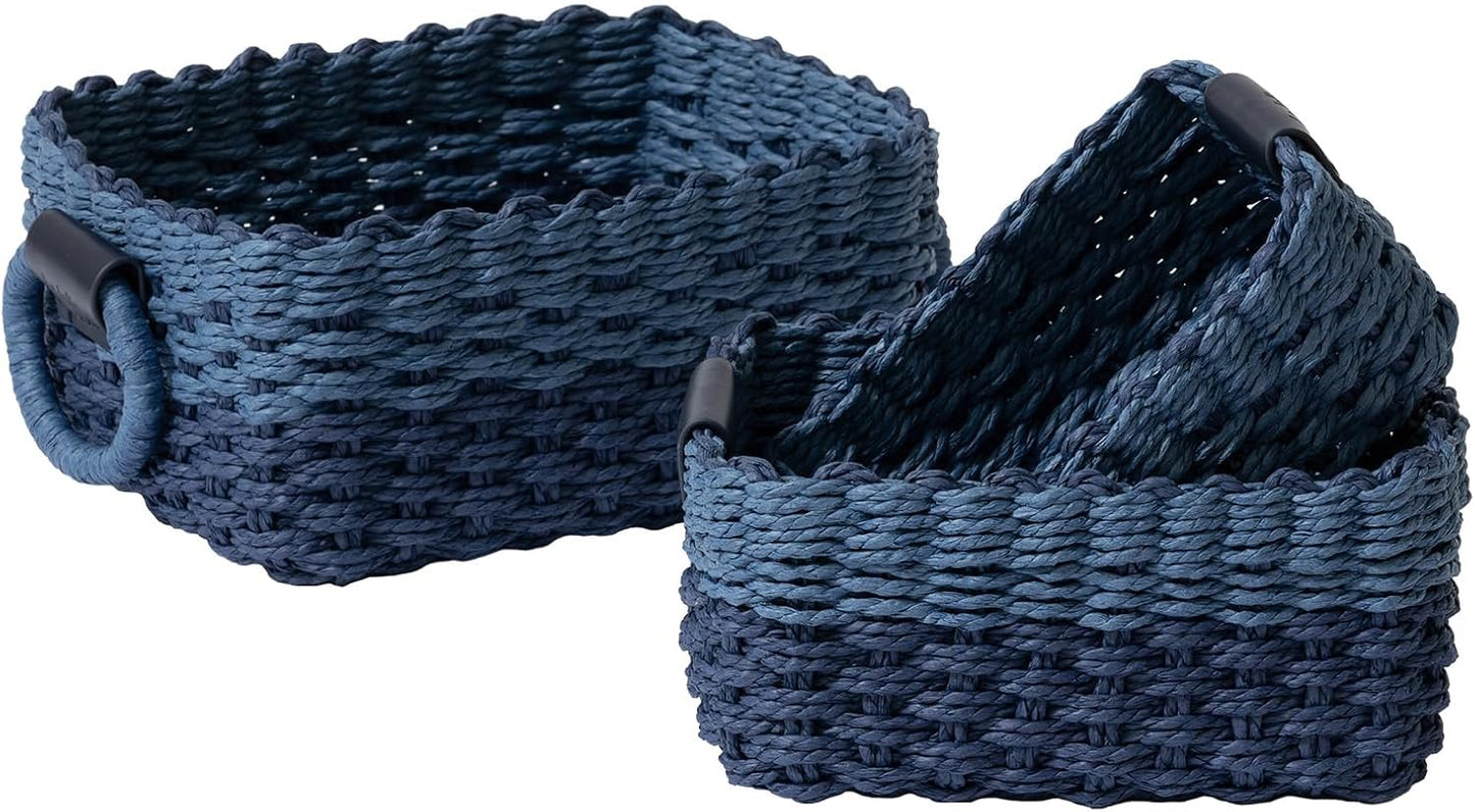 La Jolie Maison Denim and Navy Blue Wicker Basket Set - 3 Piece Set with Handle, Perfect Organizing and Decorative Storage for Home