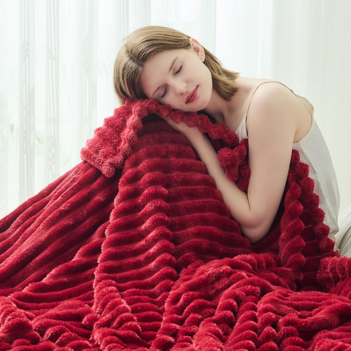 NEWCOSPLAY Super Soft Throw Blanket Red Premium Silky Flannel Fleece 3D Ribbed Jacquard Lightweight Bed Blanket All Season Use (Red Ribbed, Throw(50"x60"))