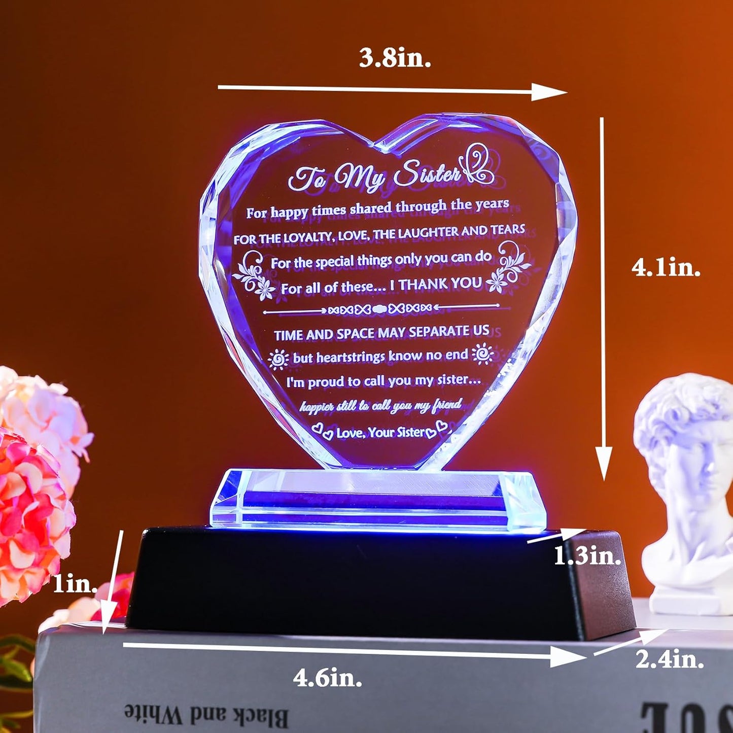 YWHL Sister Gifts from Sisters Brother Birthday Gifts for Sisters Crystal Heart Keepsake with Colorful Base Sister Gift for Women on Christmas Mothers Day Valentines Wedding