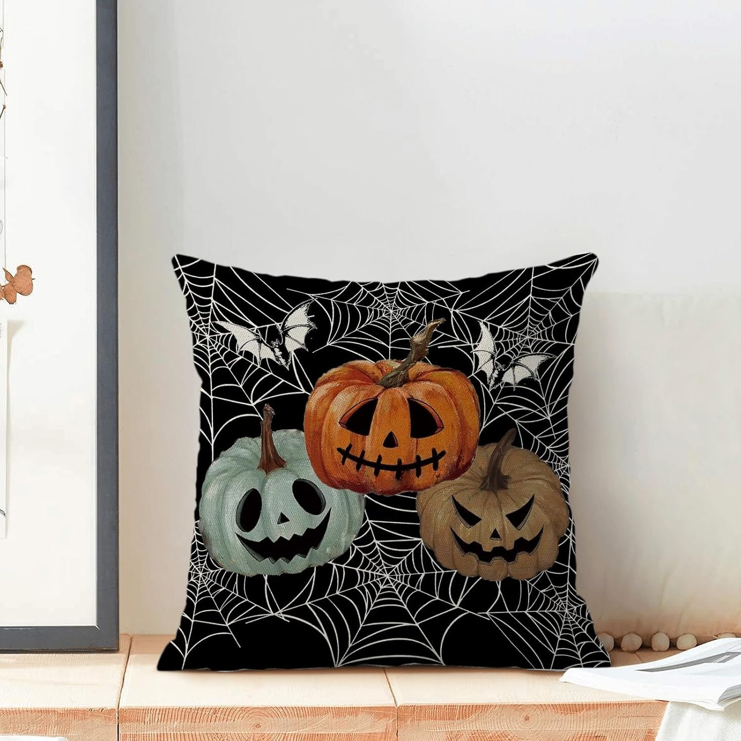 Halloween Decor Pillow Covers 18x18 Set of 2 Spider Web Orange Pumpkin Bat Black Decorative Throw Pillow Covers Outdoor Decoration Autumn Pumpkin Pillowcase Farmhouse Cushion Case for Home Sofa