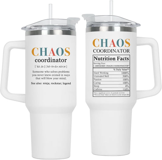TEEZWONDER Thank You Gifts for Women - Chaos Coordinator Insulated 40 oz Tumbler with Handle - Funny Birthday Employee Appreciation Gifts for Women Coworkers Boss Colleagues Teachers Nurse