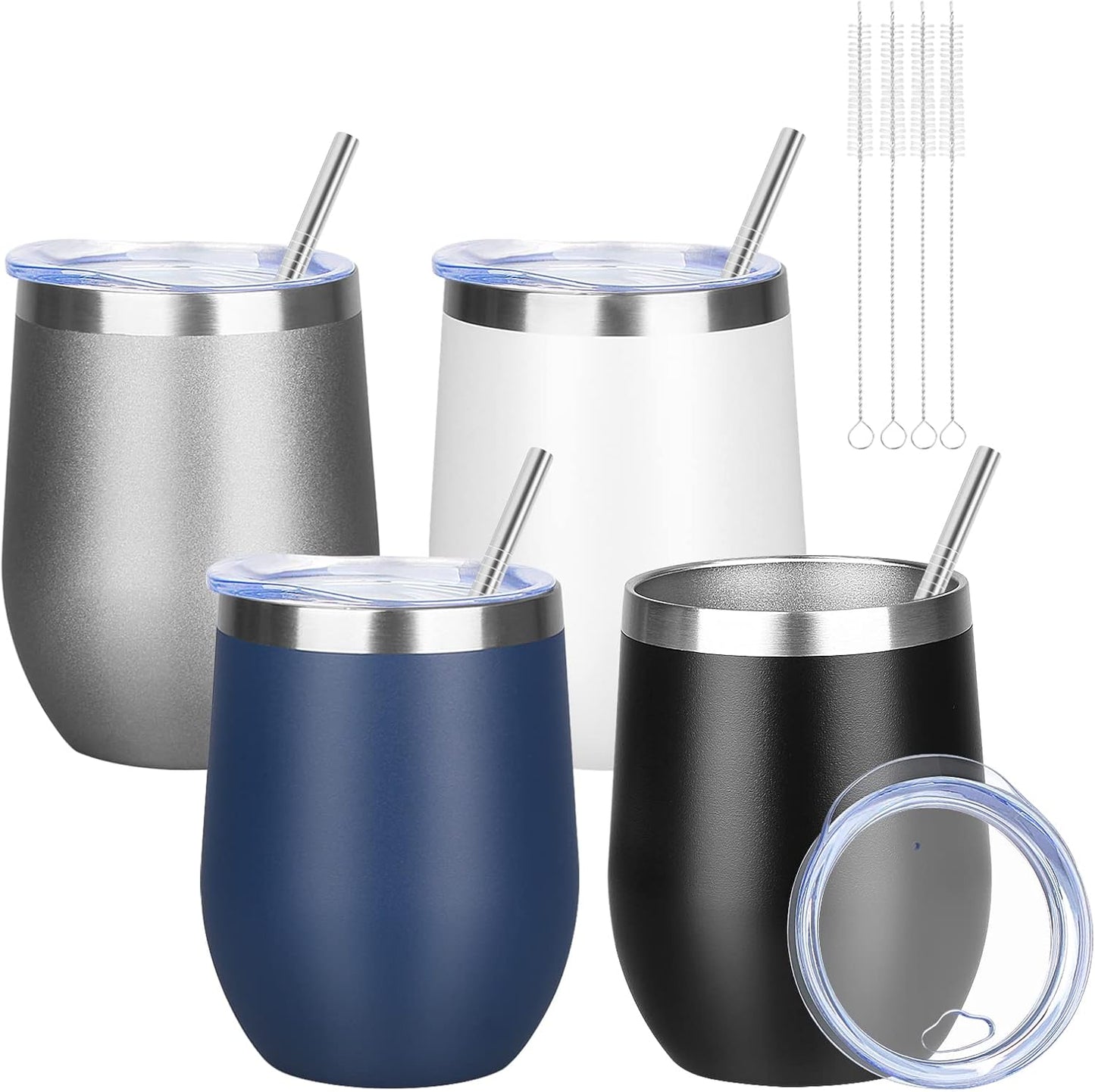 12oz/4 Pack Wine Tumbler Glasses with Lid Stemless Double Wall Vacuum Stainless Steel Travel Tumbler Keeping Cold & Hot for Wine,Coffee,Cocktails,Drinks-Family and Gifts (Multi color-dark)